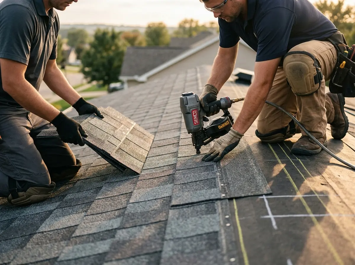 Professional roofer working on a residential roof in East Rochester